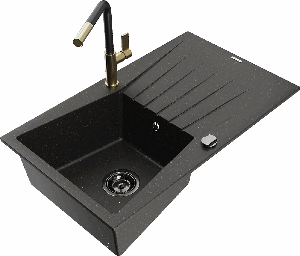 Granitinė virtuvinė plautuvė Mexen Cesar su maišytuvu ir sifonu, Metallic juodas/auksinis+Juodas/Gold