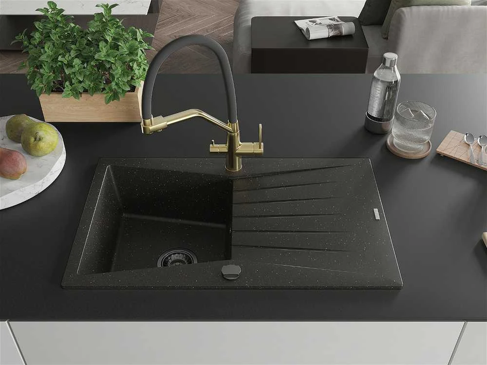 Granitinė virtuvinė plautuvė Mexen Cesar su maišytuvu ir sifonu, Metallic juodas/auksinis+Juodas/Gold