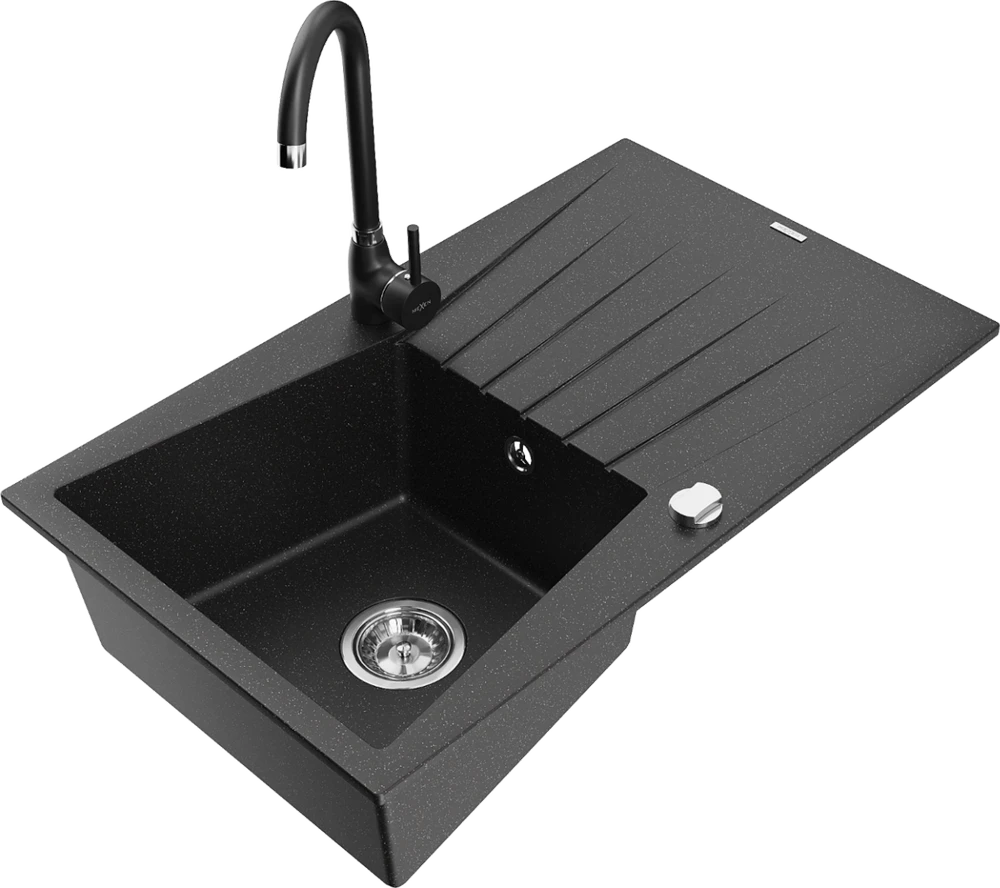 Granitinė virtuvinė plautuvė Mexen Cesar su maišytuvu ir sifonu, Metallic juodas/sidabrinis+Juodas