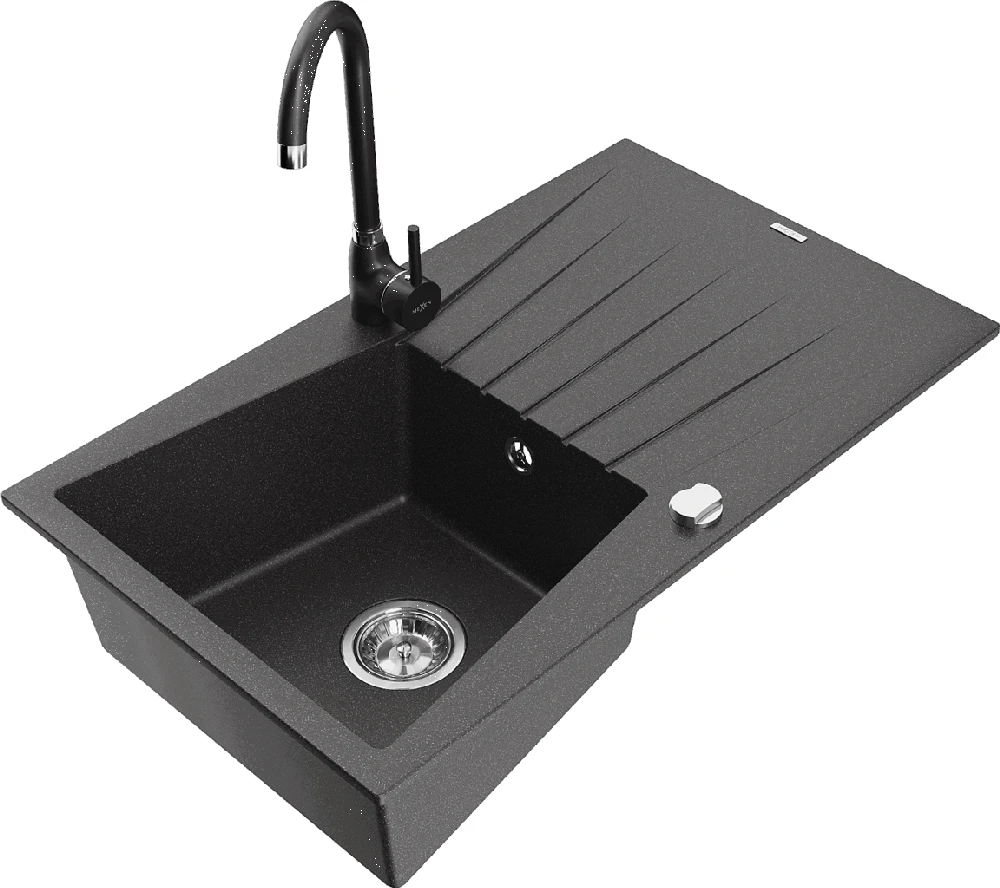 Granitinė virtuvinė plautuvė Mexen Cesar su maišytuvu ir sifonu, Juodas granite+Juodas