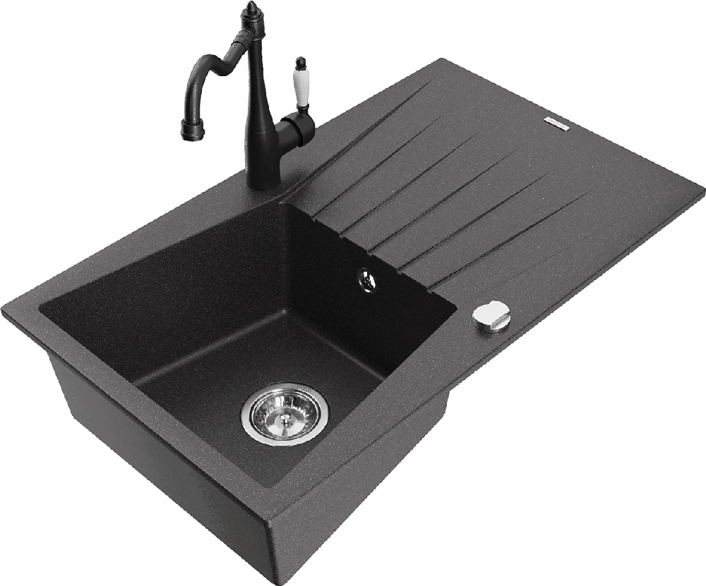 Granitinė virtuvinė plautuvė Mexen Cesar su maišytuvu ir sifonu, Juodas granite+Juodas