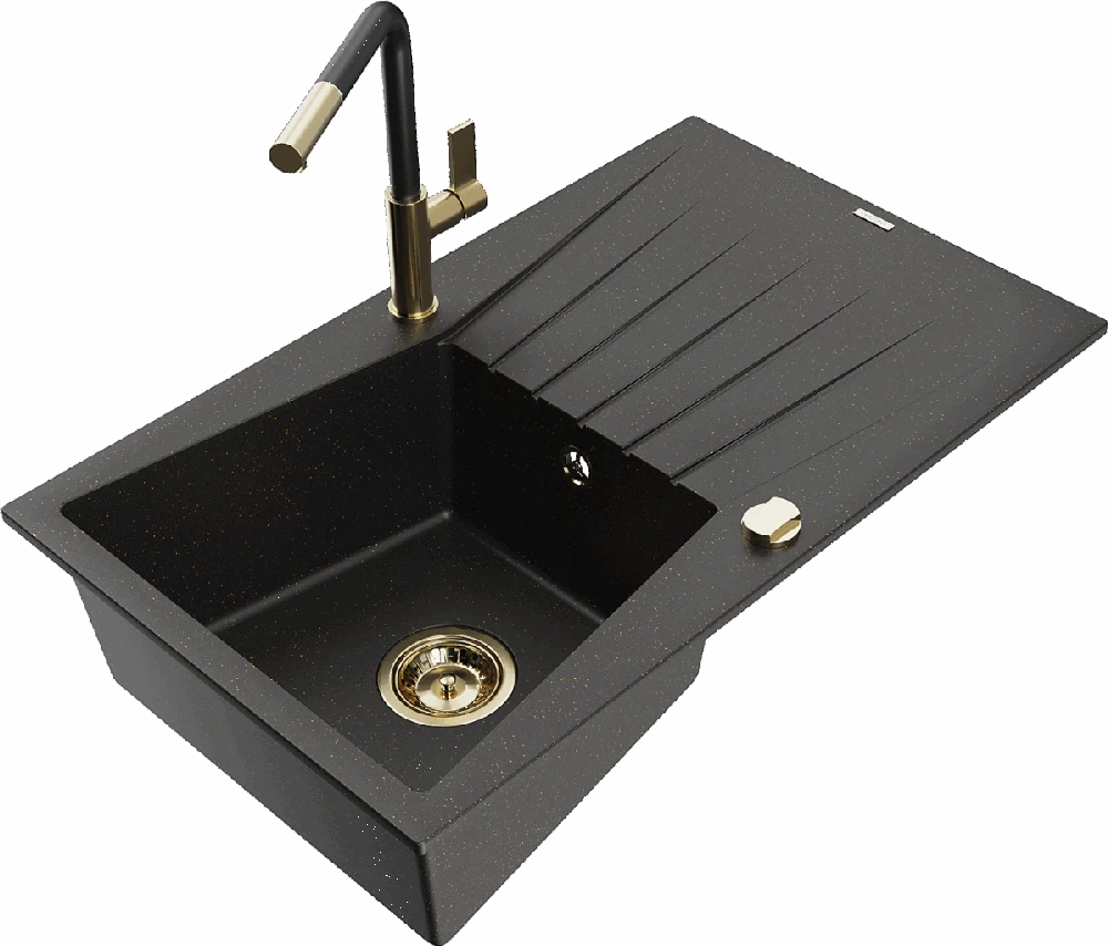 Granitinė virtuvinė plautuvė Mexen Cesar su maišytuvu ir sifonu, Metallic juodas/auksinis+Juodas/Gold