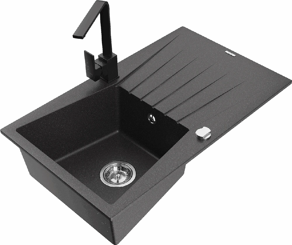 Granitinė virtuvinė plautuvė Mexen Cesar su maišytuvu ir sifonu, Juodas granite+Juodas