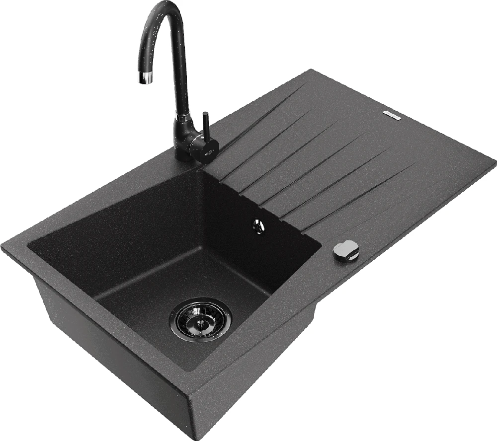 Granitinė virtuvinė plautuvė Mexen Cesar su maišytuvu ir sifonu, Juodas granite+Juodas