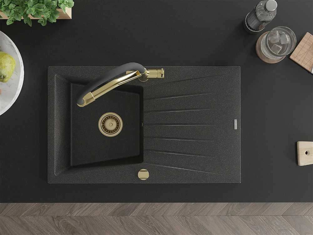 Granitinė virtuvinė plautuvė Mexen Cesar su maišytuvu ir sifonu, Juodas granite+Juodas/Gold