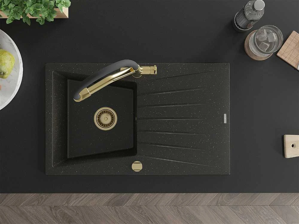 Granitinė virtuvinė plautuvė Mexen Cesar su maišytuvu ir sifonu, Metallic juodas/auksinis+Juodas/Gold