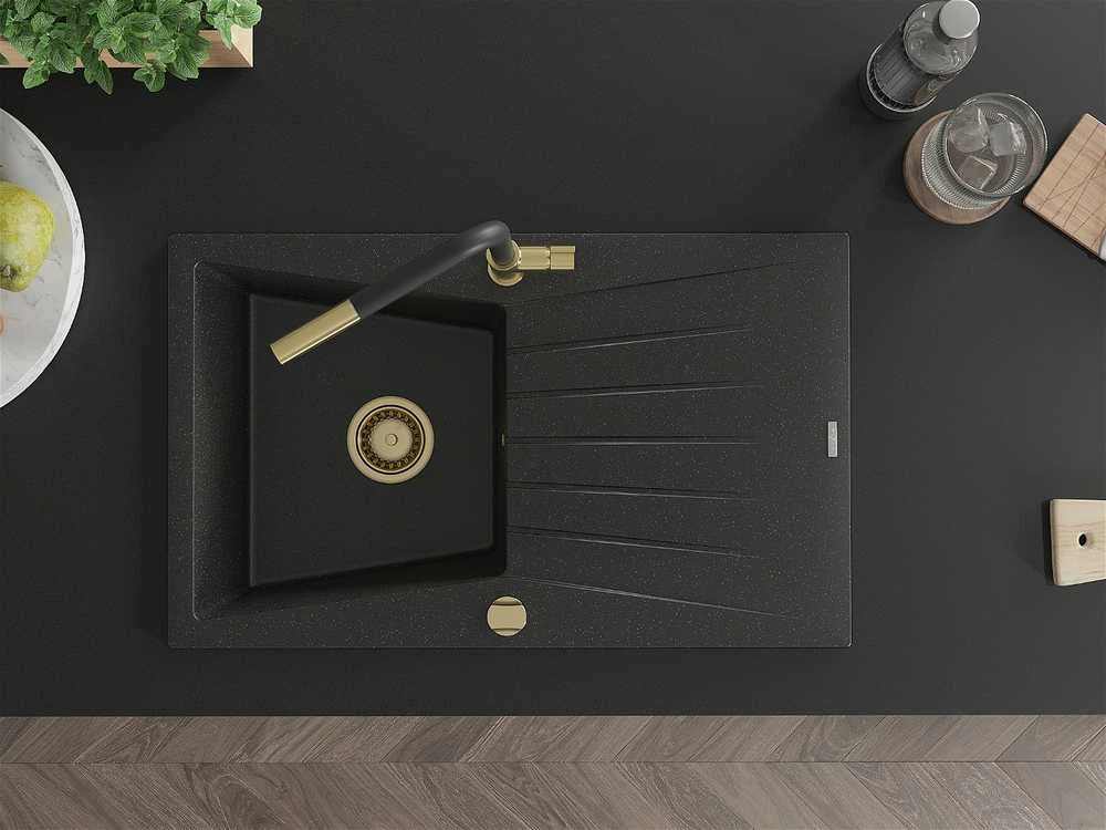 Granitinė virtuvinė plautuvė Mexen Cesar su maišytuvu ir sifonu, Metallic juodas/sidabrinis+Juodas/Gold