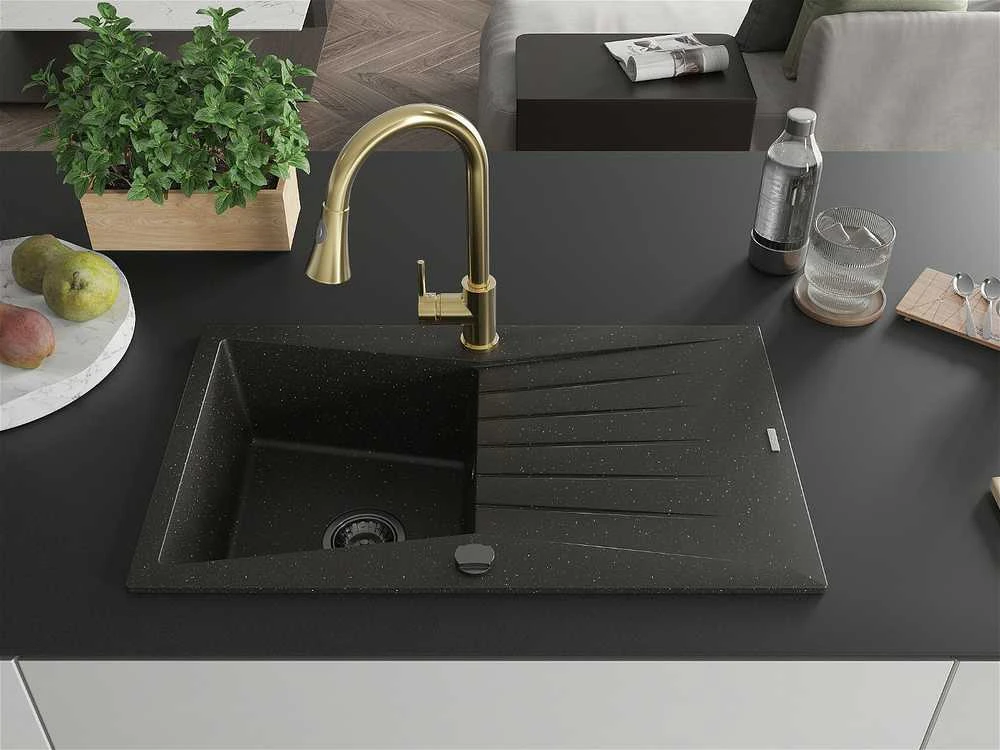Granitinė virtuvinė plautuvė Mexen Cesar su maišytuvu ir sifonu, Metallic juodas/auksinis+Gold