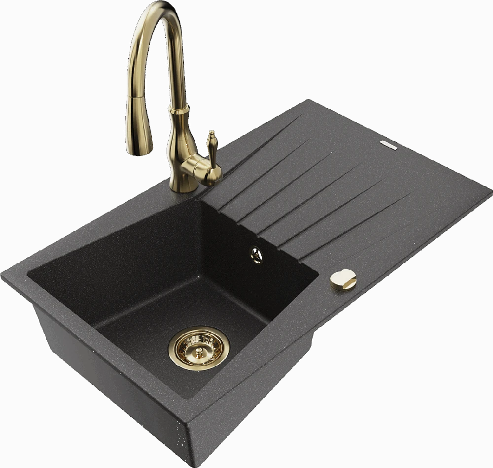 Granitinė virtuvinė plautuvė Mexen Cesar su maišytuvu ir sifonu, Juodas granite+Gold