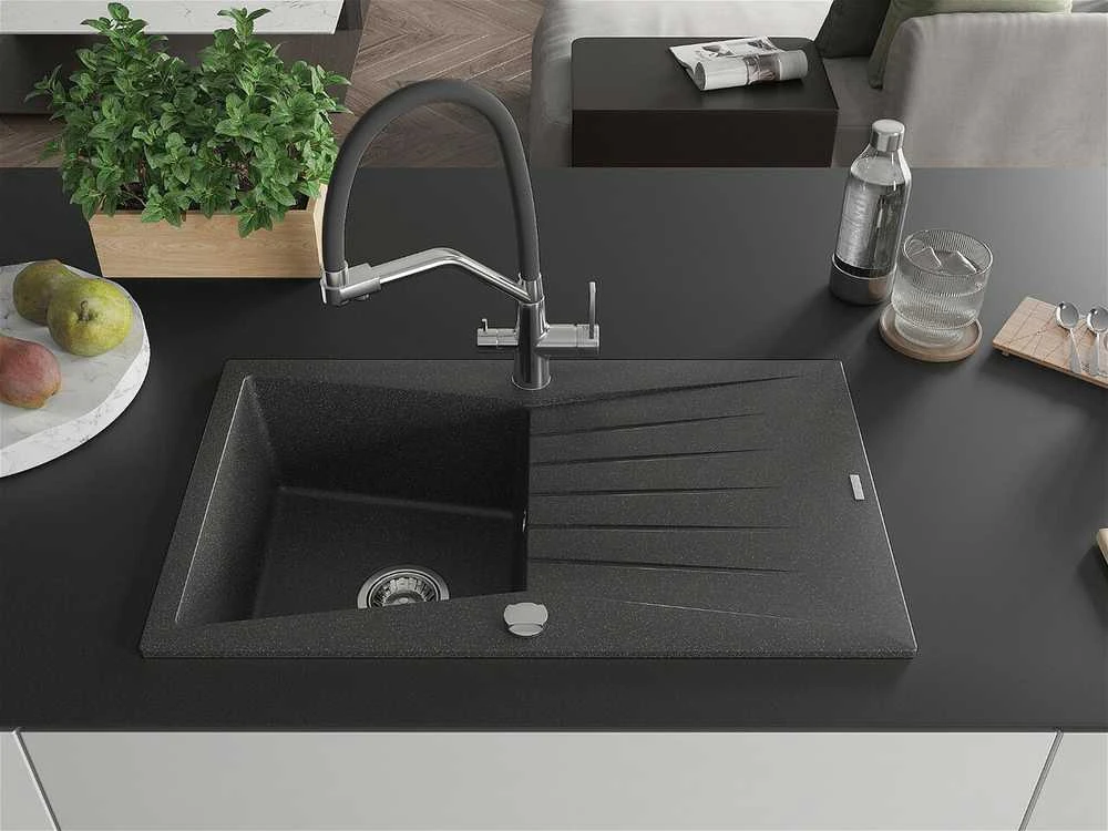 Granitinė virtuvinė plautuvė Mexen Cesar su maišytuvu ir sifonu, Juodas granite+Juodas/Chrome