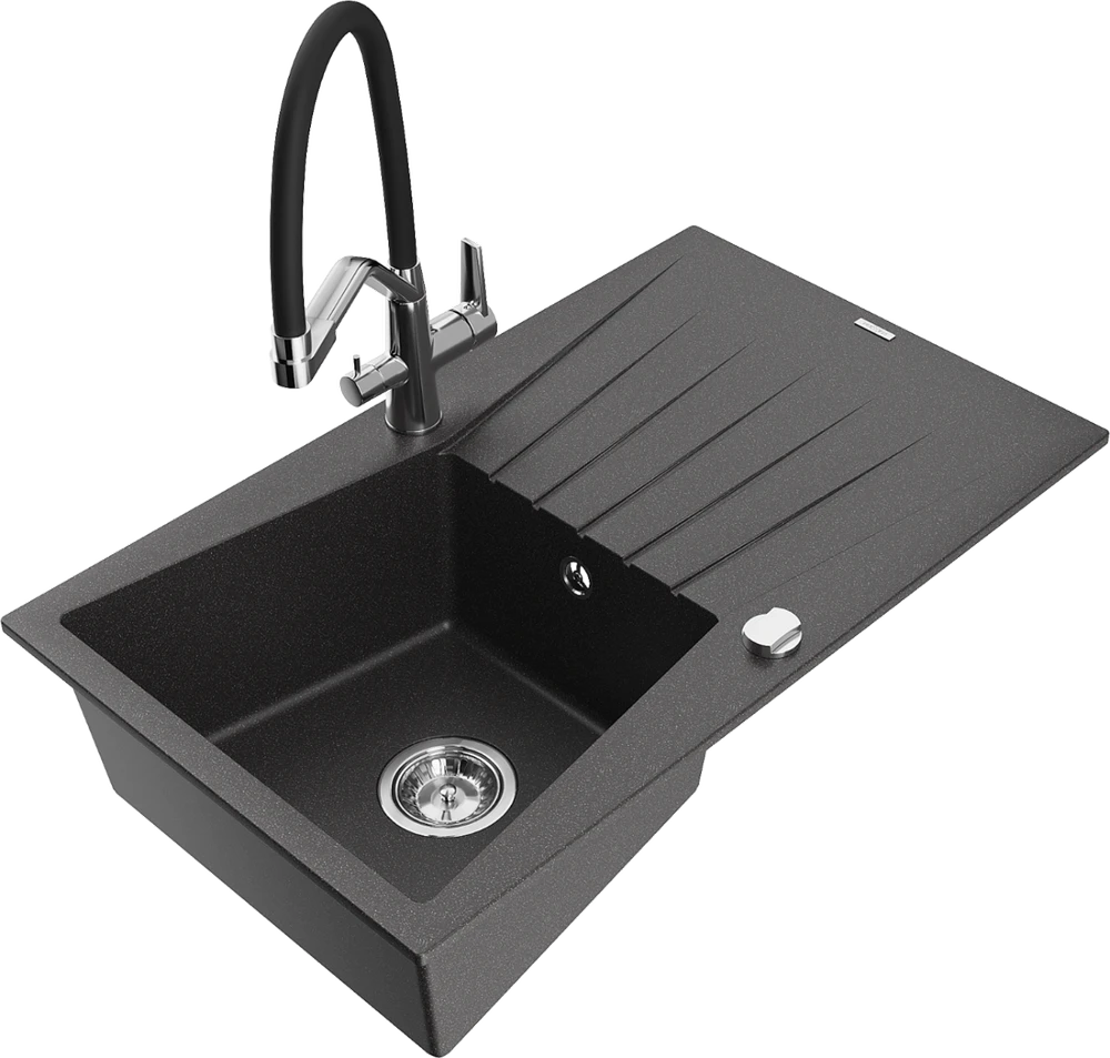 Granitinė virtuvinė plautuvė Mexen Cesar su maišytuvu ir sifonu, Juodas granite+Juodas/Chrome