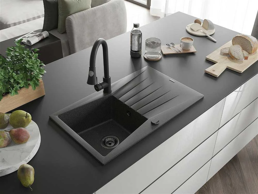 Granitinė virtuvinė plautuvė Mexen Cesar su maišytuvu ir sifonu, Juodas granite+Juodas