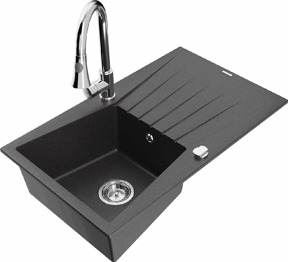 Granitinė virtuvinė plautuvė Mexen Cesar su maišytuvu ir sifonu, Juodas granite+Chrome