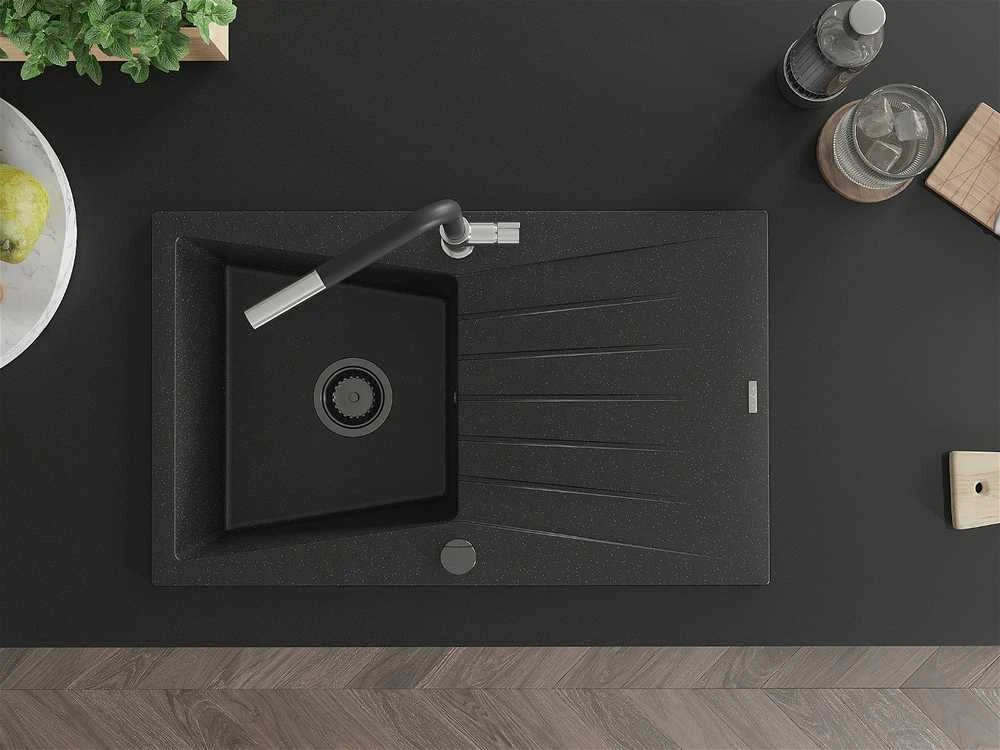 Granitinė virtuvinė plautuvė Mexen Cesar su maišytuvu ir sifonu, Metallic juodas/sidabrinis+Juodas/Chrome