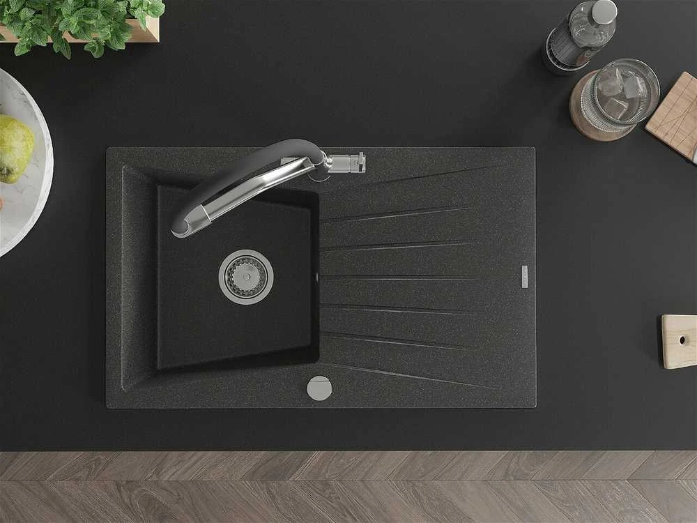 Granitinė virtuvinė plautuvė Mexen Cesar su maišytuvu ir sifonu, Juodas granite+Juodas/Chrome