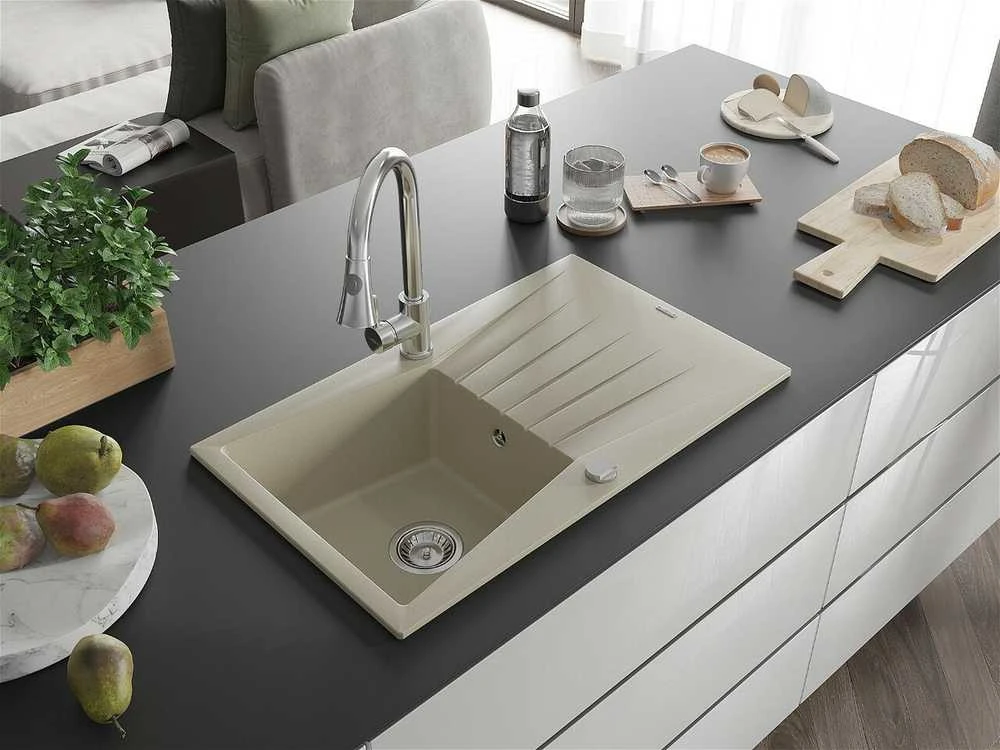 Granitinė virtuvinė plautuvė Mexen Cesar su maišytuvu ir sifonu, rusvai gelsvas+Chrome