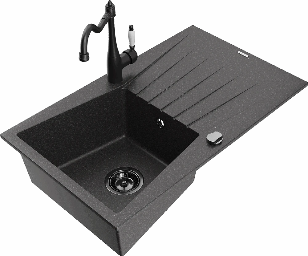 Granitinė virtuvinė plautuvė Mexen Cesar su maišytuvu ir sifonu, Juodas granite+Juodas
