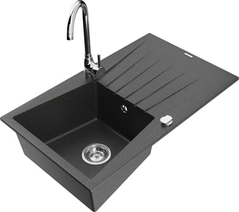 Granitinė virtuvinė plautuvė Mexen Cesar su maišytuvu ir sifonu, Juodas granite+Chrome