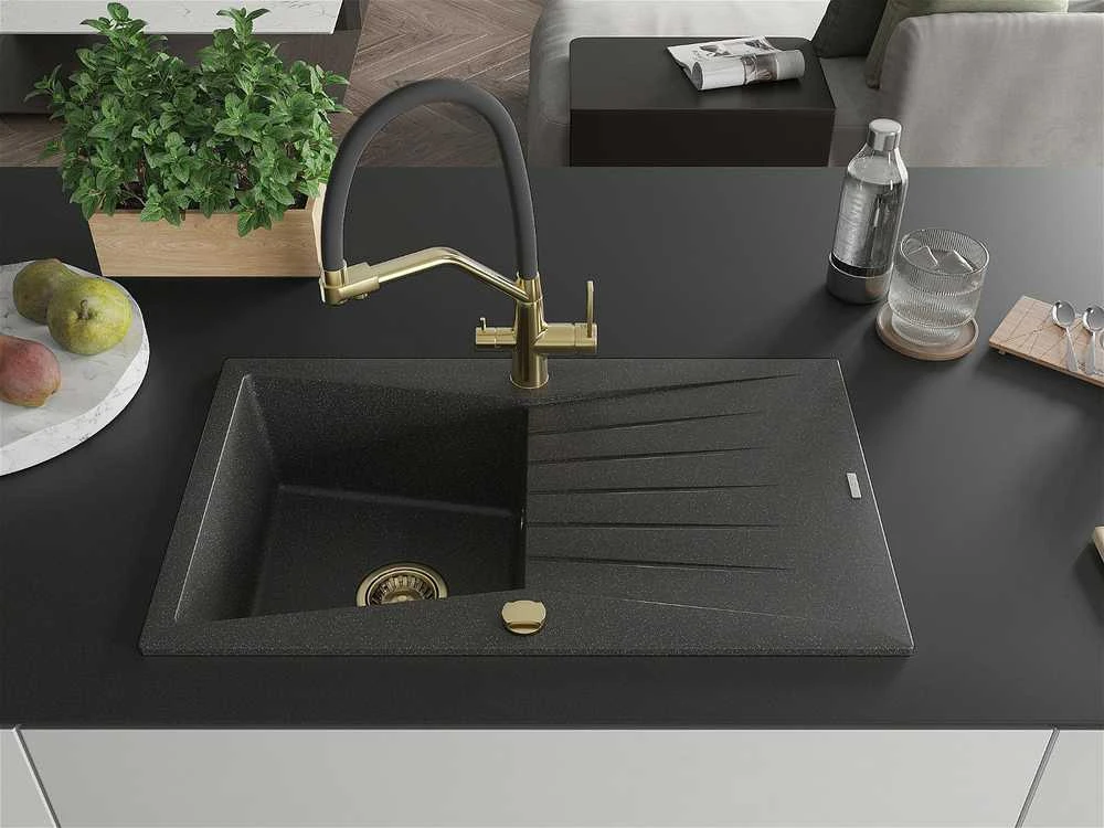 Granitinė virtuvinė plautuvė Mexen Cesar su maišytuvu ir sifonu, Juodas granite+Juodas/Gold