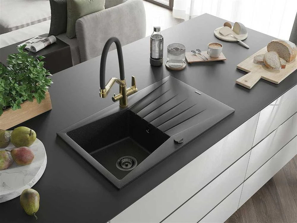 Granitinė virtuvinė plautuvė Mexen Cesar su maišytuvu ir sifonu, Metallic juodas/sidabrinis+Juodas/Gold