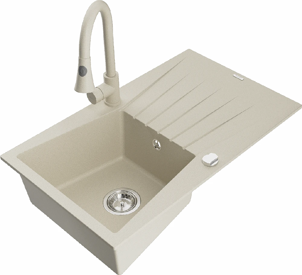 Granitinė virtuvinė plautuvė Mexen Cesar su maišytuvu ir sifonu, rusvai gelsvas