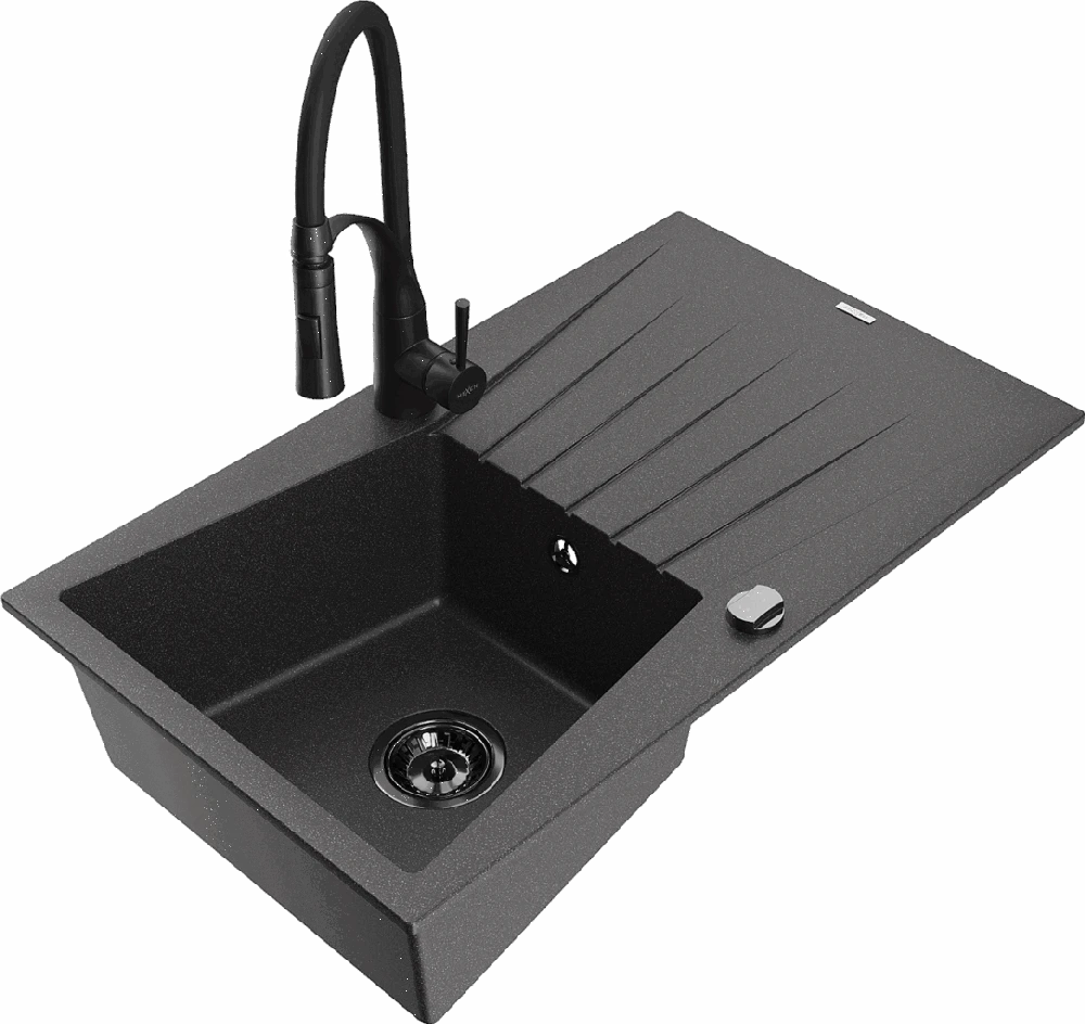 Granitinė virtuvinė plautuvė Mexen Cesar su maišytuvu ir sifonu, Juodas granite+Juodas