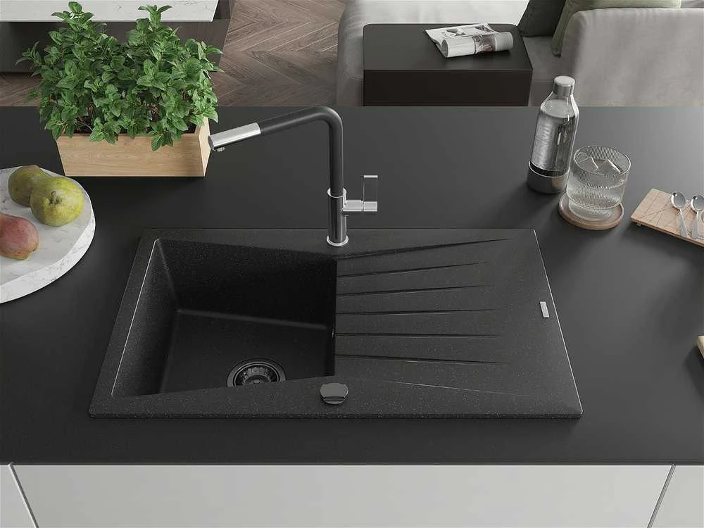 Granitinė virtuvinė plautuvė Mexen Cesar su maišytuvu ir sifonu, Metallic juodas/sidabrinis+Juodas/Chrome