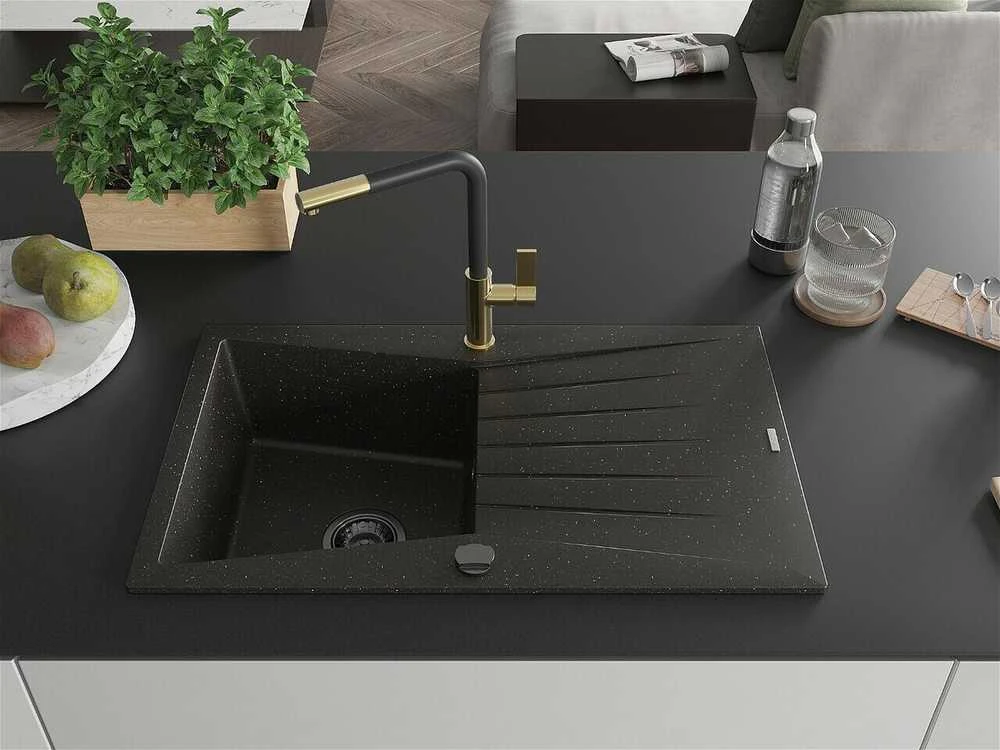 Granitinė virtuvinė plautuvė Mexen Cesar su maišytuvu ir sifonu, Metallic juodas/auksinis+Juodas/Gold