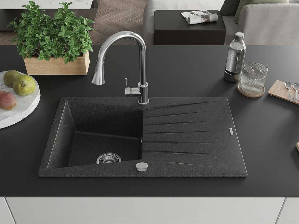 Granitinė virtuvinė plautuvė Mexen Cesar su maišytuvu ir sifonu, Juodas granite+Chrome
