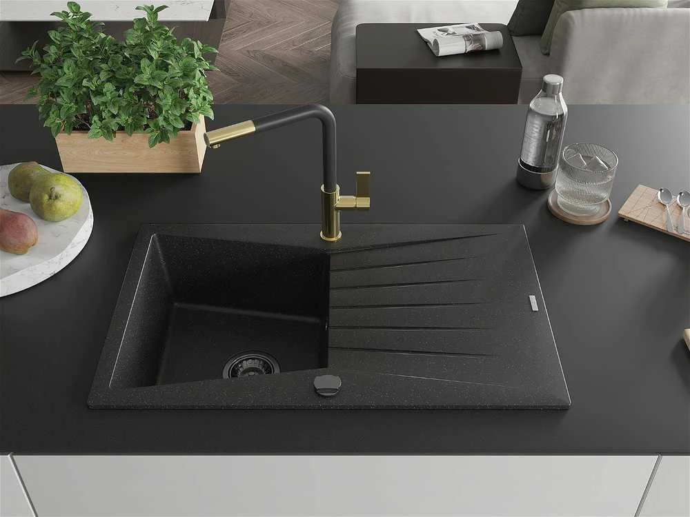 Granitinė virtuvinė plautuvė Mexen Cesar su maišytuvu ir sifonu, Metallic juodas/sidabrinis+Juodas/Gold