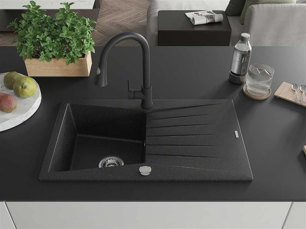 Granitinė virtuvinė plautuvė Mexen Cesar su maišytuvu ir sifonu, Metallic juodas/sidabrinis+Juodas