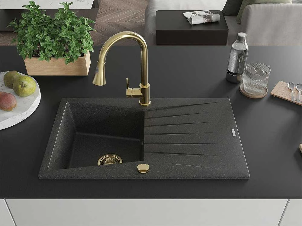 Granitinė virtuvinė plautuvė Mexen Cesar su maišytuvu ir sifonu, Juodas granite+Gold