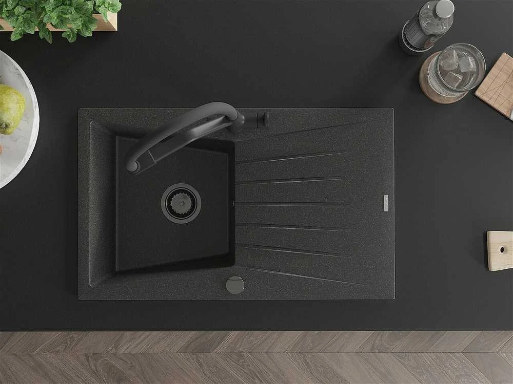 Granitinė virtuvinė plautuvė Mexen Cesar su maišytuvu ir sifonu, Juodas granite+Juodas