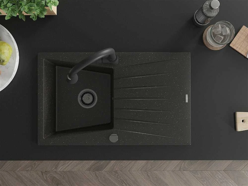 Granitinė virtuvinė plautuvė Mexen Cesar su maišytuvu ir sifonu, Juodas granite+Juodas