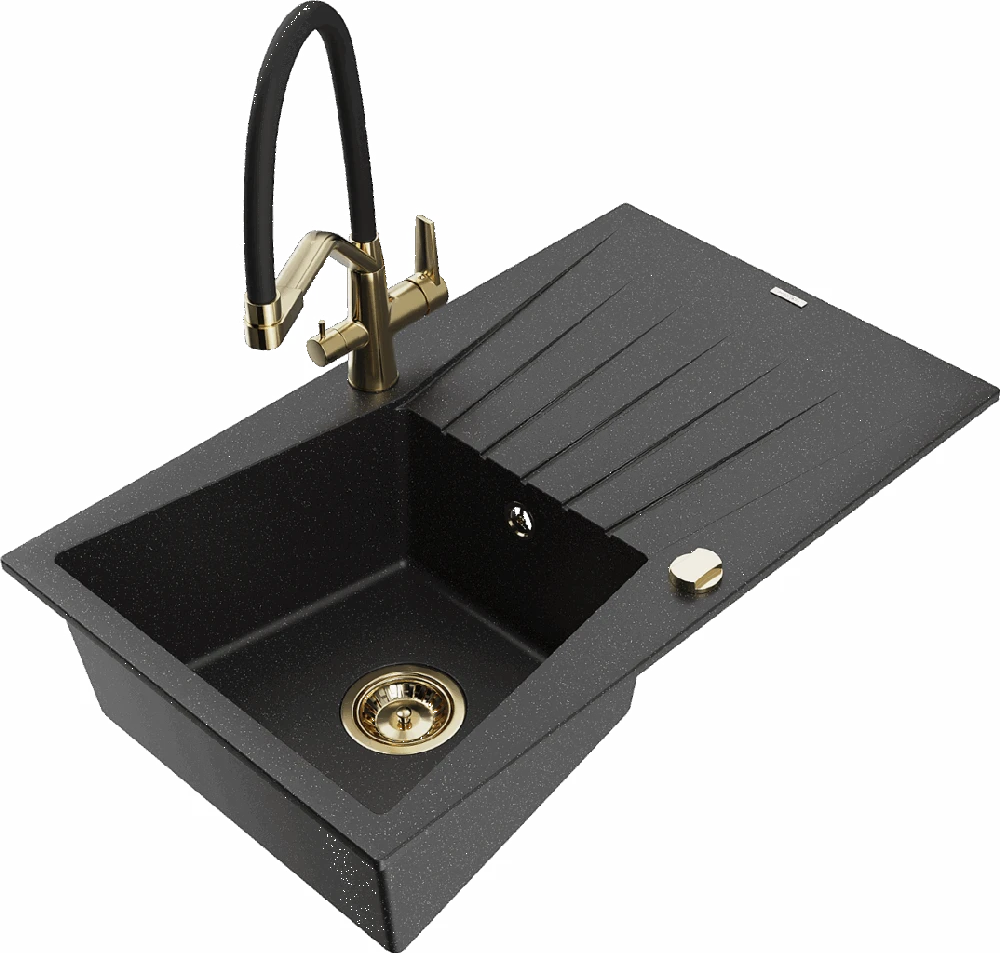 Granitinė virtuvinė plautuvė Mexen Cesar su maišytuvu ir sifonu, Metallic juodas/sidabrinis+Juodas/Gold