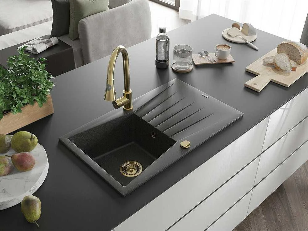 Granitinė virtuvinė plautuvė Mexen Cesar su maišytuvu ir sifonu, Juodas granite+Gold