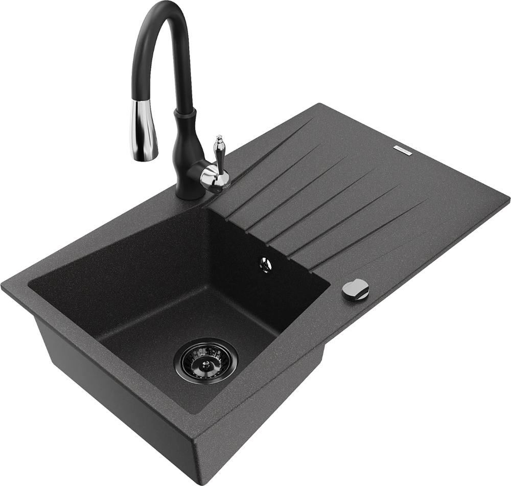 Granitinė virtuvinė plautuvė Mexen Cesar su maišytuvu ir sifonu, Juodas granite+Juodas