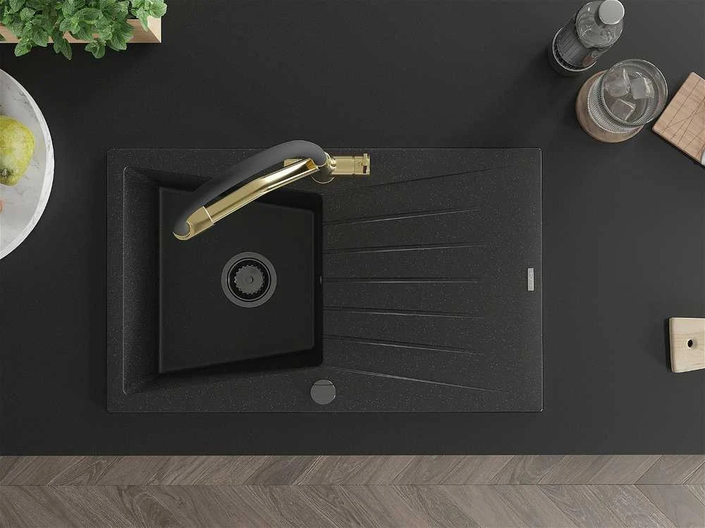 Granitinė virtuvinė plautuvė Mexen Cesar su maišytuvu ir sifonu, Metallic juodas/sidabrinis+Juodas/Gold