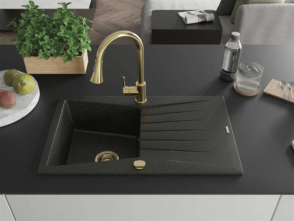 Granitinė virtuvinė plautuvė Mexen Cesar su maišytuvu ir sifonu, Metallic juodas/auksinis+Gold