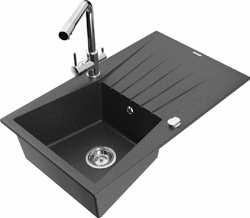 Granitinė virtuvinė plautuvė Mexen Cesar su maišytuvu ir sifonu, Juodas granite+Chrome