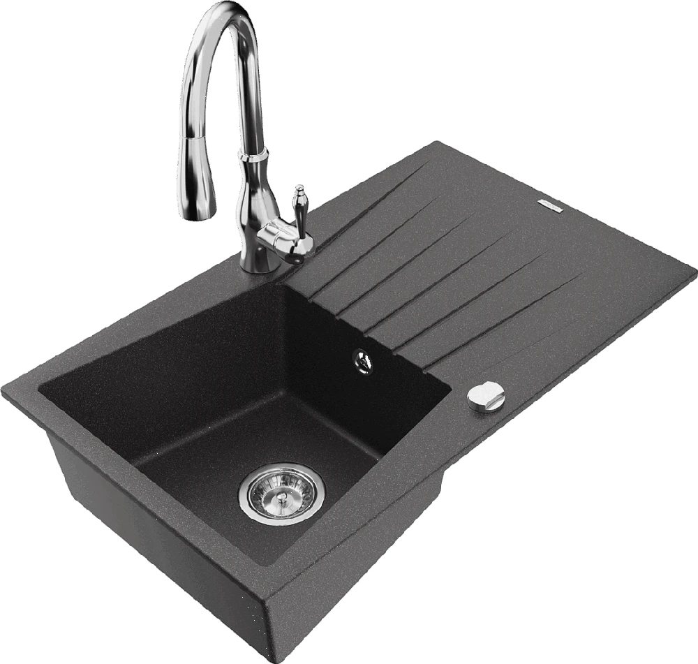 Granitinė virtuvinė plautuvė Mexen Cesar su maišytuvu ir sifonu, Juodas granite+Chrome