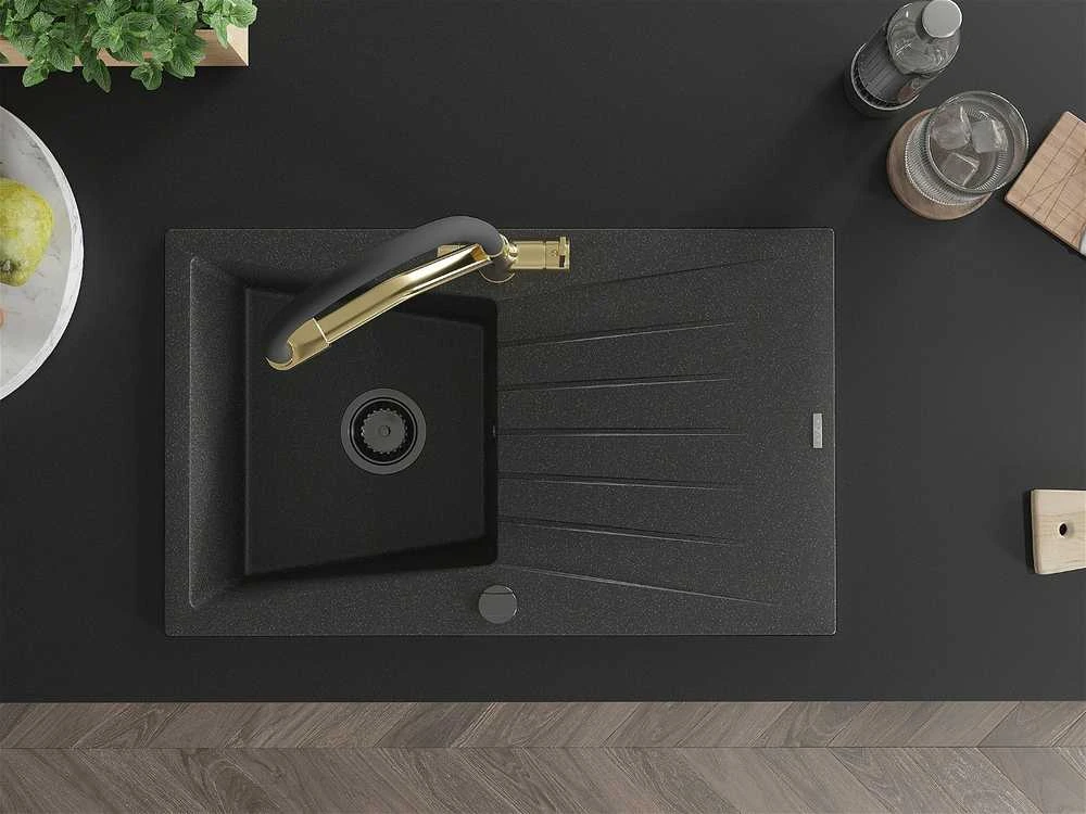 Granitinė virtuvinė plautuvė Mexen Cesar su maišytuvu ir sifonu, Juodas granite+Juodas/Gold