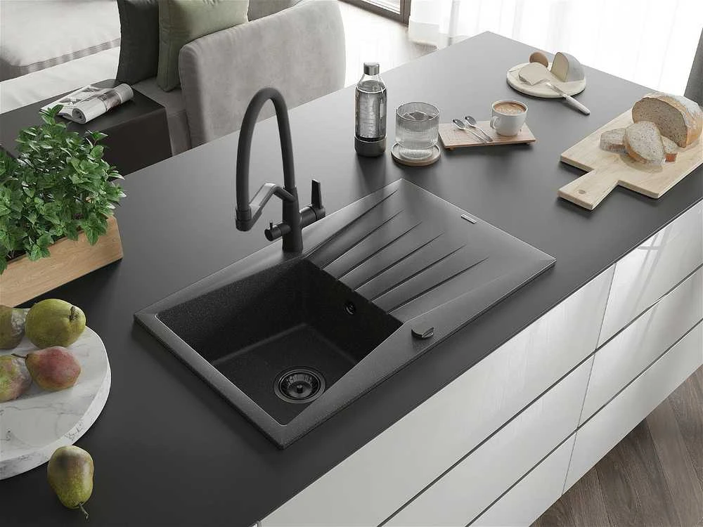 Granitinė virtuvinė plautuvė Mexen Cesar su maišytuvu ir sifonu, Juodas granite+Juodas