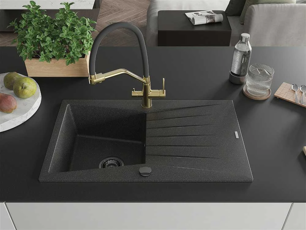 Granitinė virtuvinė plautuvė Mexen Cesar su maišytuvu ir sifonu, Juodas granite+Juodas/Gold