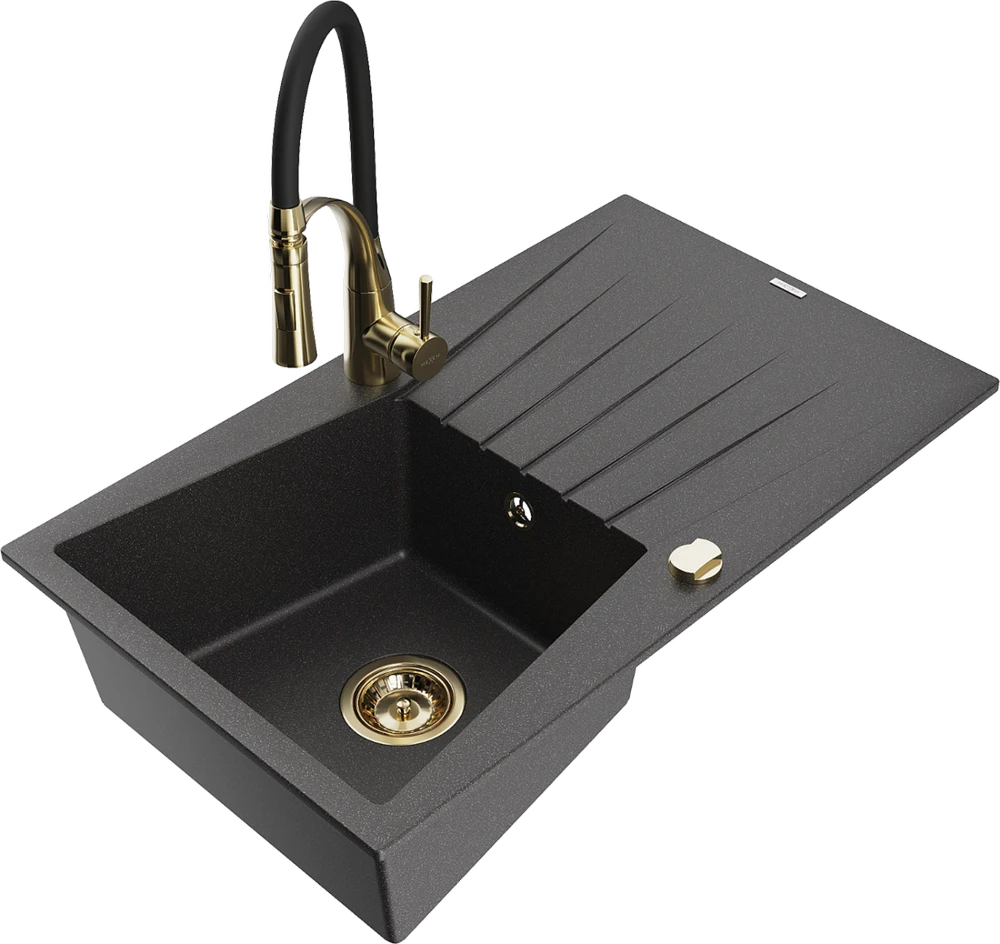 Granitinė virtuvinė plautuvė Mexen Cesar su maišytuvu ir sifonu, Juodas granite+Juodas/Gold