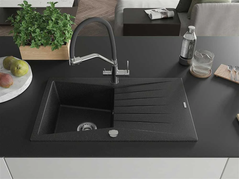 Granitinė virtuvinė plautuvė Mexen Cesar su maišytuvu ir sifonu, Metallic juodas/sidabrinis+Juodas/Chrome
