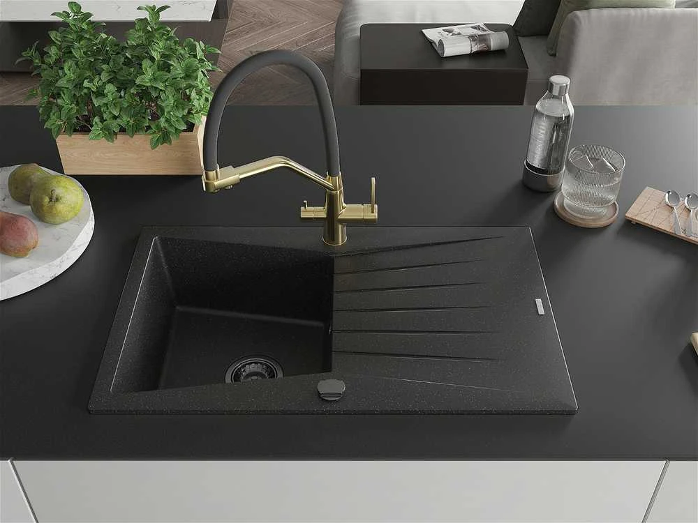 Granitinė virtuvinė plautuvė Mexen Cesar su maišytuvu ir sifonu, Metallic juodas/sidabrinis+Juodas/Gold