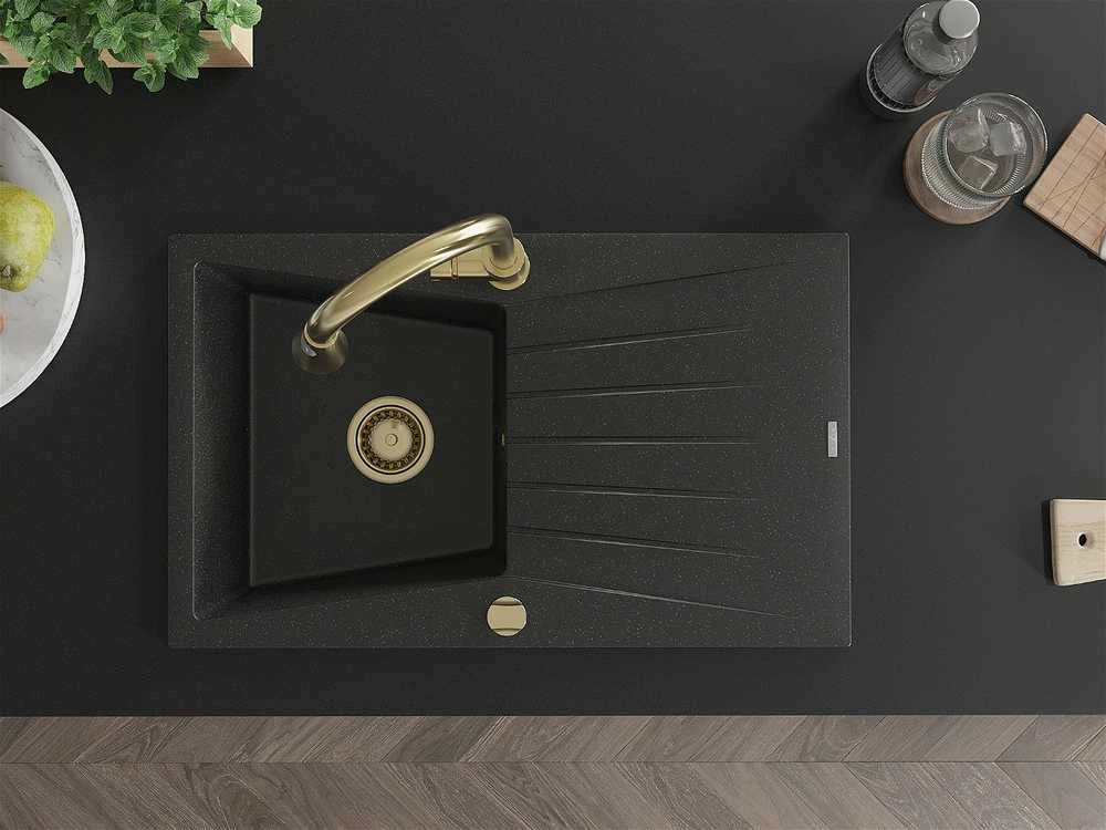 Granitinė virtuvinė plautuvė Mexen Cesar su maišytuvu ir sifonu, Metallic juodas/sidabrinis+Gold