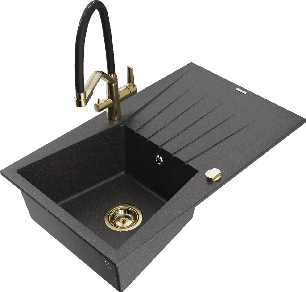 Granitinė virtuvinė plautuvė Mexen Cesar su maišytuvu ir sifonu, Juodas granite+Juodas/Gold