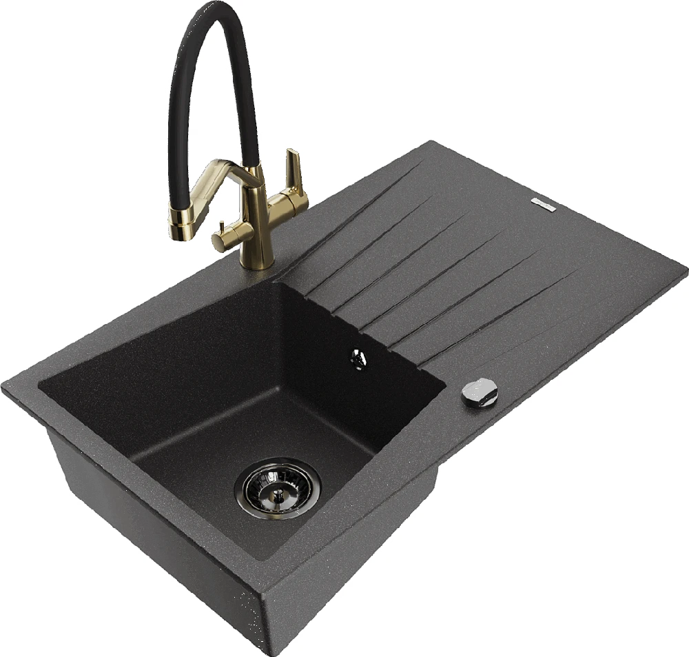 Granitinė virtuvinė plautuvė Mexen Cesar su maišytuvu ir sifonu, Juodas granite+Juodas/Gold